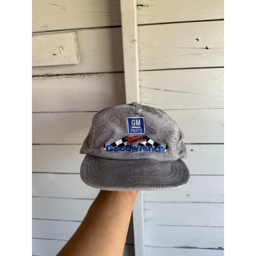 Vintage GM Goodwrench Parts Grey Corduroy Racing Hat Made in USA Snapback Cap